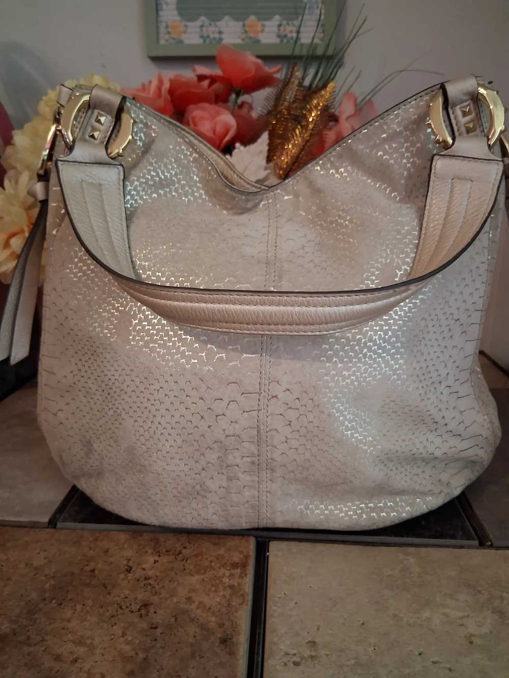 Aimee Kestenberg Cream Textured Hobo Bag with Gold Hardware